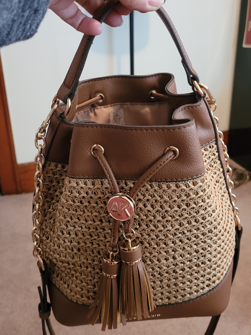 Anne Klein Brown Raffia Bucket Bag with Tassels - Picture 8 of 10